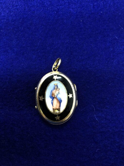 Colgante guarda-pelos esmaltado con la Virgen de la Almudena