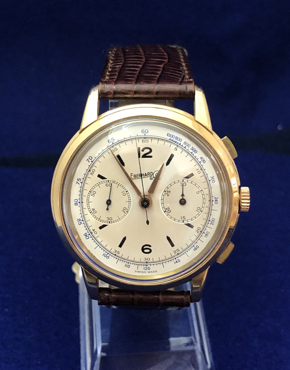 RELOJ EBERHARD DE CUERDA, VINTAGE, 41mm, PULSERA DE CUERO MARRÓN, EN ORO 18KTS. AÑO APROX. 1950