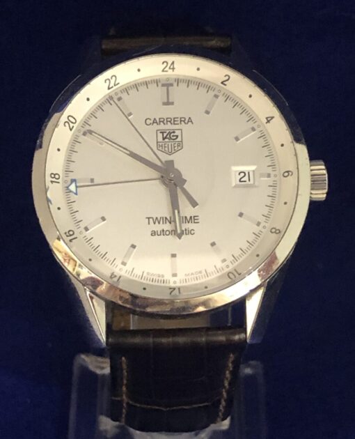 Reloj TAG Heuer Carrera Calibre 7 Twin Time Carrera, Automático, Caja suiza, pulsera original de piel marrón