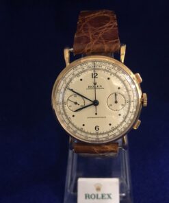 Rolex Chronographe Antimagnetique de caballero, mecanismo de cuerda, año ca. 1955, en oro de ley 18 kts y pulsera de piel.