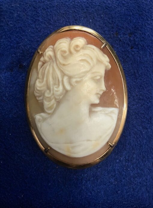 Broche camafeo vintage con perfil femenino y argolla para hacerlo colgante, realizado en concha natural y montado en oro de ley 18 kts.