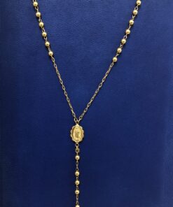 Rosario con medalla de la Virgen de Guadalupe y cruz con Cristo, todo realizado en oro amarillo de ley 18 kts.
