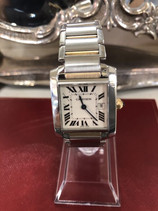 Reloj Cartier Tank Française de señora, Ref.: 2465, en acero y oro, con fecha a las III, 25 x 30mm, mecanismo de cuarzo, año 2006.