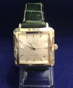 Reloj Zenith de caballero, 34 mm, con fecha, automático, en acero con pulsera verde de piel.
