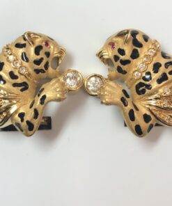 Pendientes vintage (años 80) en forma de pantera con circonitas blancas y esmalte negro, realizados en oro amarillo de ley 18 kts,